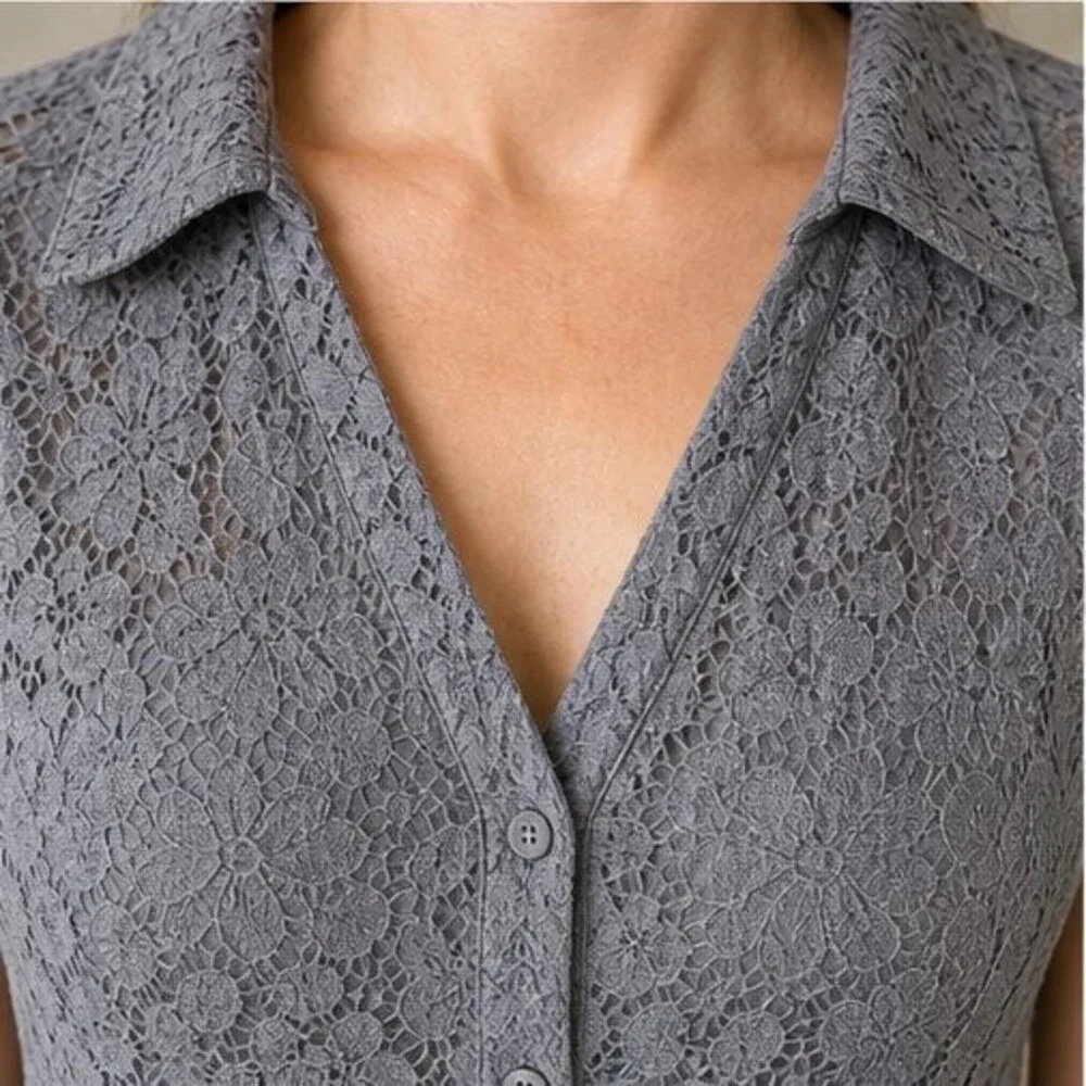 Lace Short-Sleeve Button-Down Shirt - Gray - Picture 4 of 6